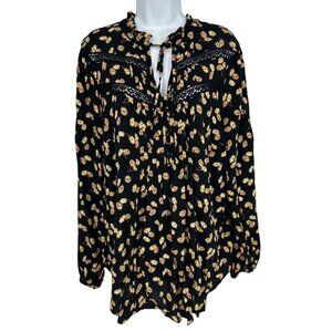 Torrid Rayon Slub Peasant Long Sleeve Top Black Yellow Daisy Flower Print Sz 1X